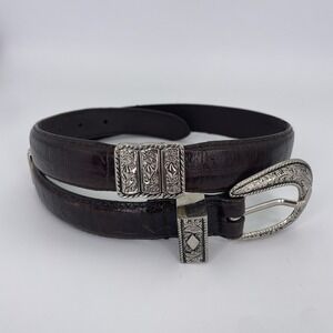 Vtg. 90s-Western-Boho Brown Croc Leather Belt Silver Buckle,Conchos,Womens Small